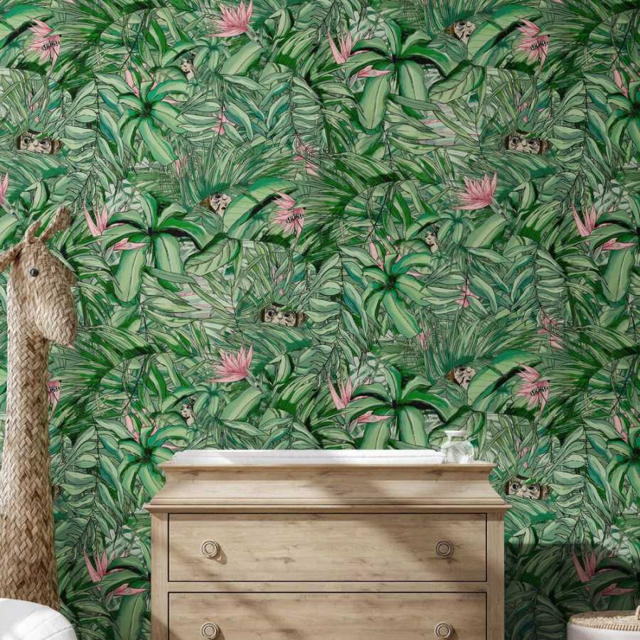 Brand Mckenzie Tropical Daze Monkey Forest BMTD001/09A Wallpaper - Dark Green & Pink