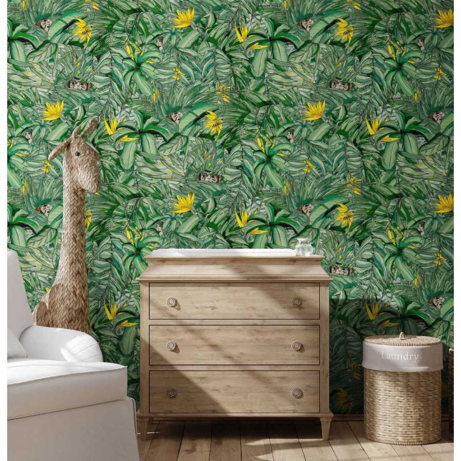 Brand Mckenzie Tropical Daze Monkey Forest BMTD001/09B Wallpaper - Dark Green & Yellow