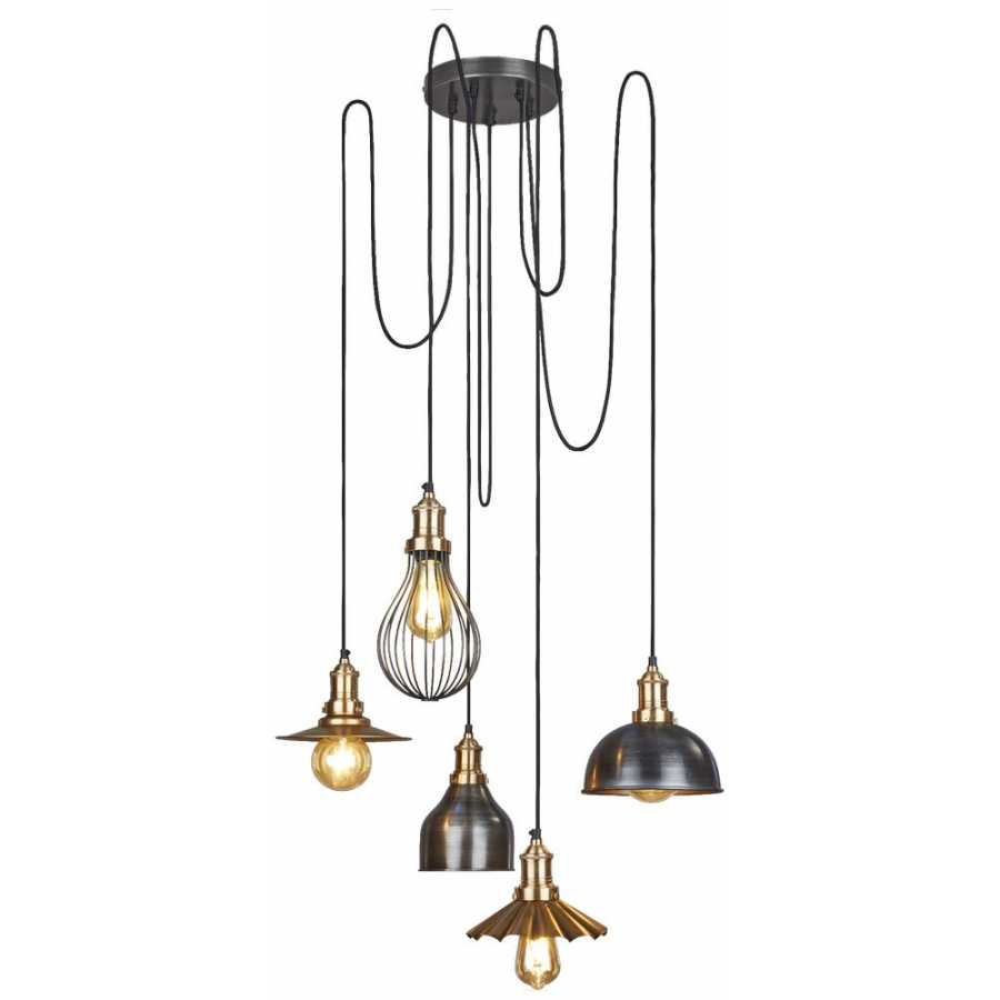 Industville Brooklyn 5 Wire Pendant Light With Shades - Brass