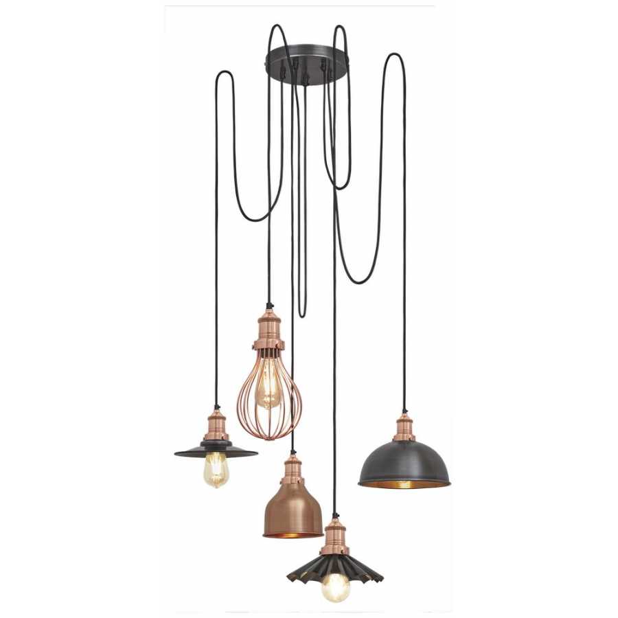 Industville Brooklyn 5 Wire Pendant Light With Shades - Copper