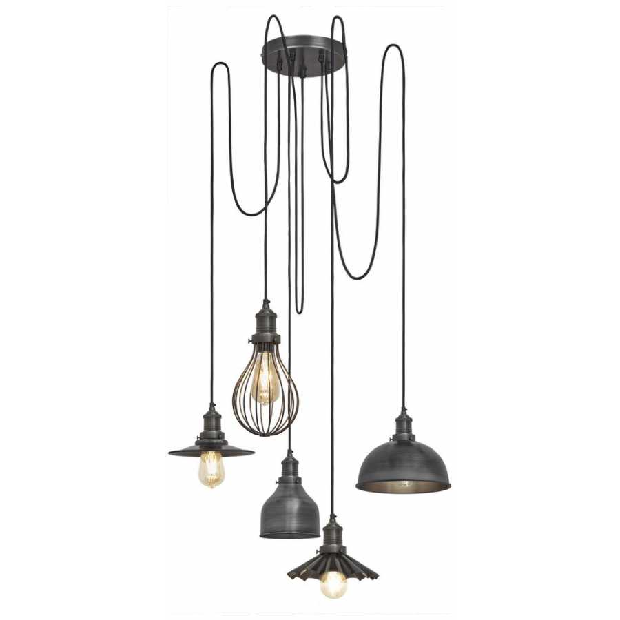 Industville Brooklyn 5 Wire Pendant Light With Shades - Pewter