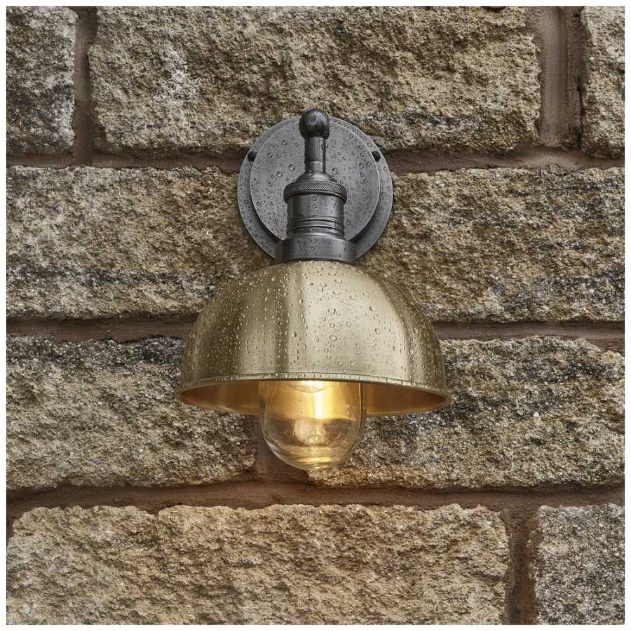 Industville Brooklyn Outdoor & Bathroom Dome Wall Light - 8 Inch - Brass - Pewter Holder