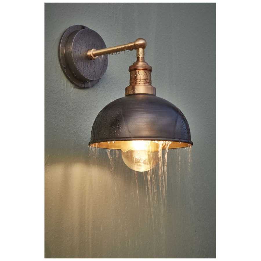 Industville Brooklyn Outdoor & Bathroom Dome Wall Light - 8 Inch - Pewter & Brass - Brass Holder