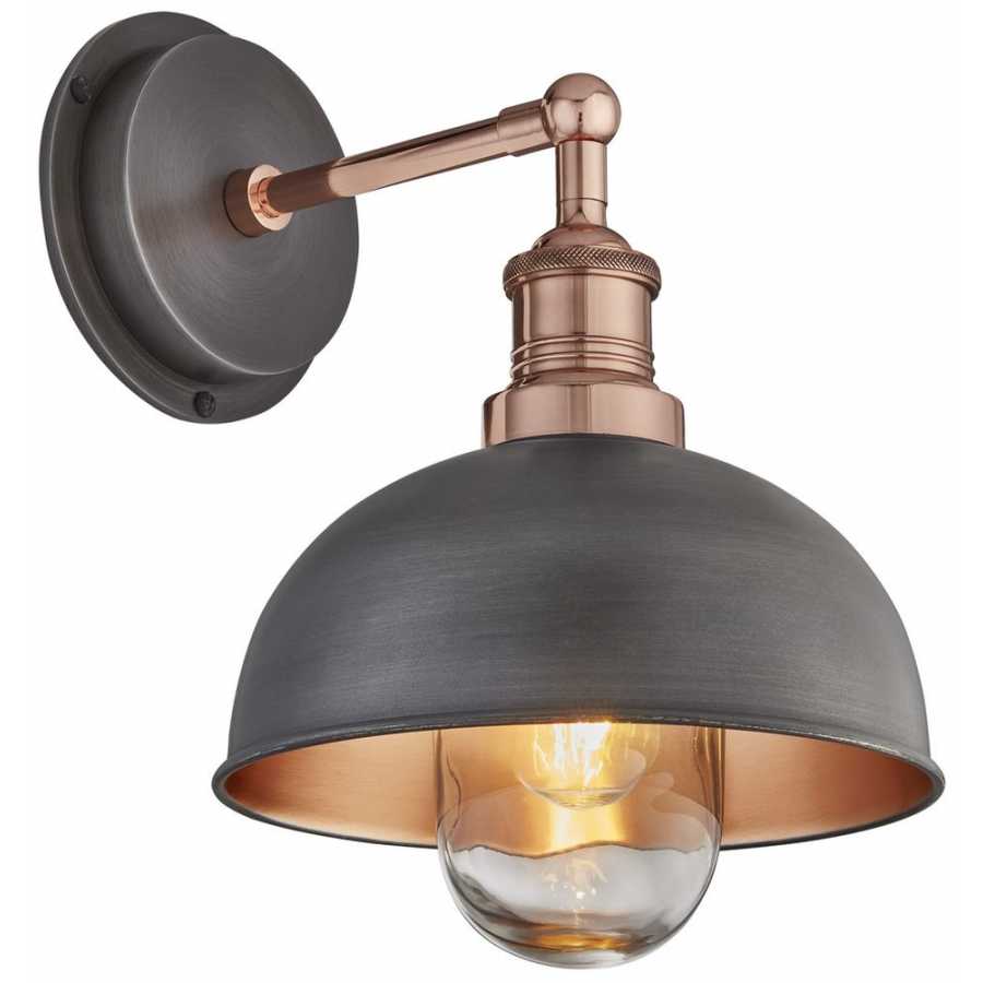Industville Brooklyn Outdoor & Bathroom Dome Wall Light - 8 Inch - Pewter & Copper - Copper Holder