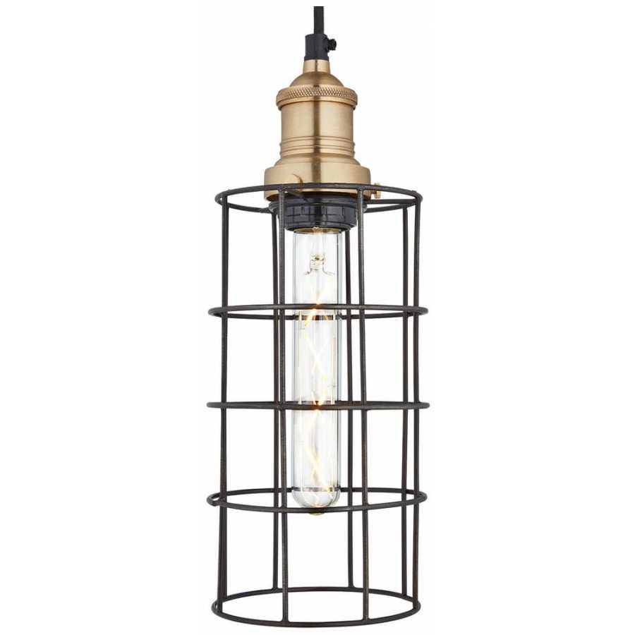 Industville Brooklyn Wire Cage Pendant Light - 5 Inch - Pewter Shade - Cylinder - Brass Holder