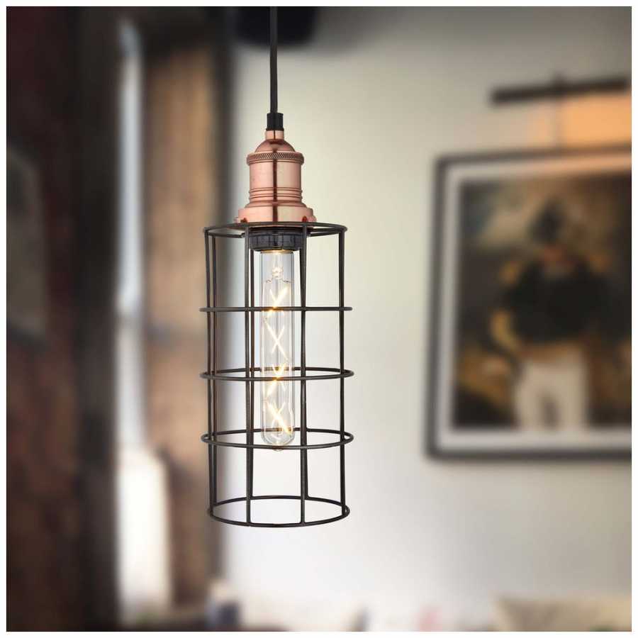 Industville Brooklyn Wire Cage Pendant Light - 5 Inch - Pewter Shade - Cylinder - Copper Holder