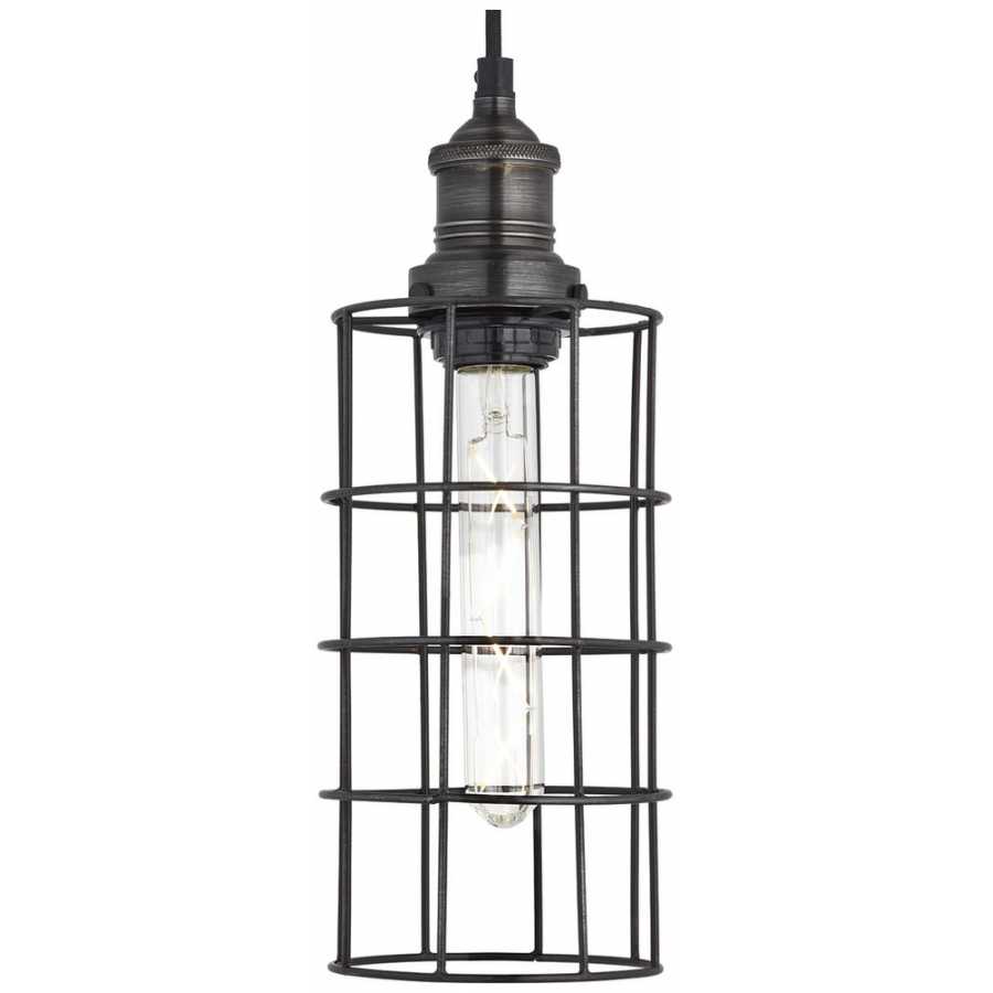 Industville Brooklyn Wire Cage Pendant Light - 5 Inch - Pewter Shade - Cylinder - Pewter Holder