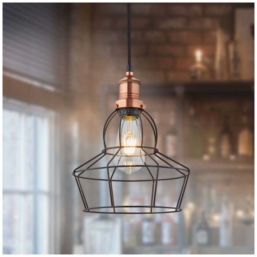 Industville Brooklyn Wire Cage Pendant Light - 8 Inch - Pewter Shade - Rose - Copper Holder