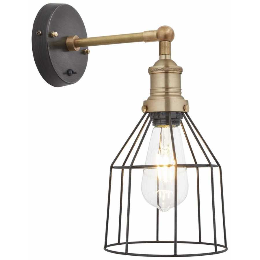 Industville Brooklyn Wire Cage Wall Light - 6 Inch - Pewter Shade - Cone - Brass Holder