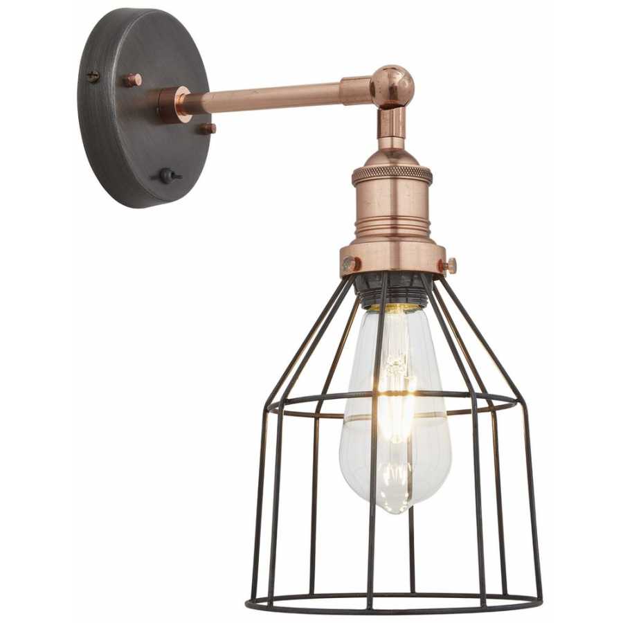 Industville Brooklyn Wire Cage Wall Light - 6 Inch - Pewter Shade - Cone - Copper Holder