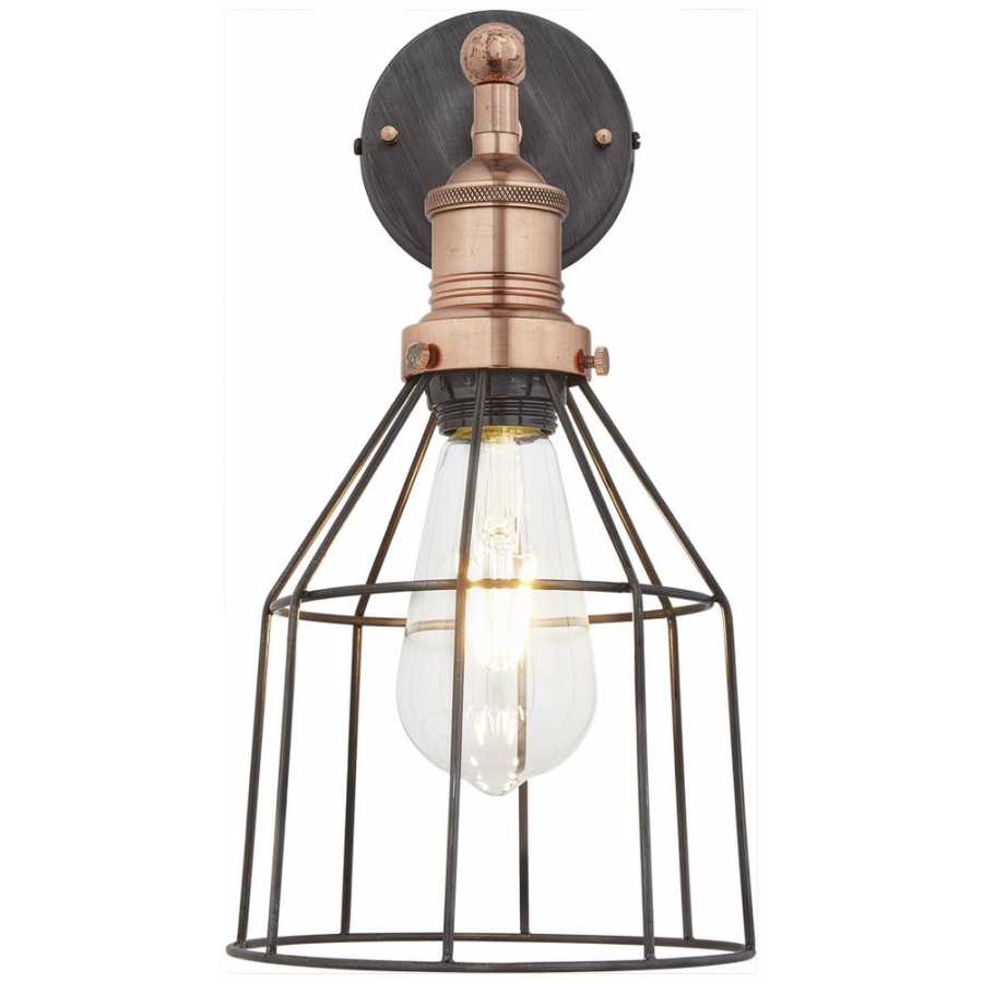 Industville Brooklyn Wire Cage Wall Light - 6 Inch - Pewter Shade - Cone - Copper Holder