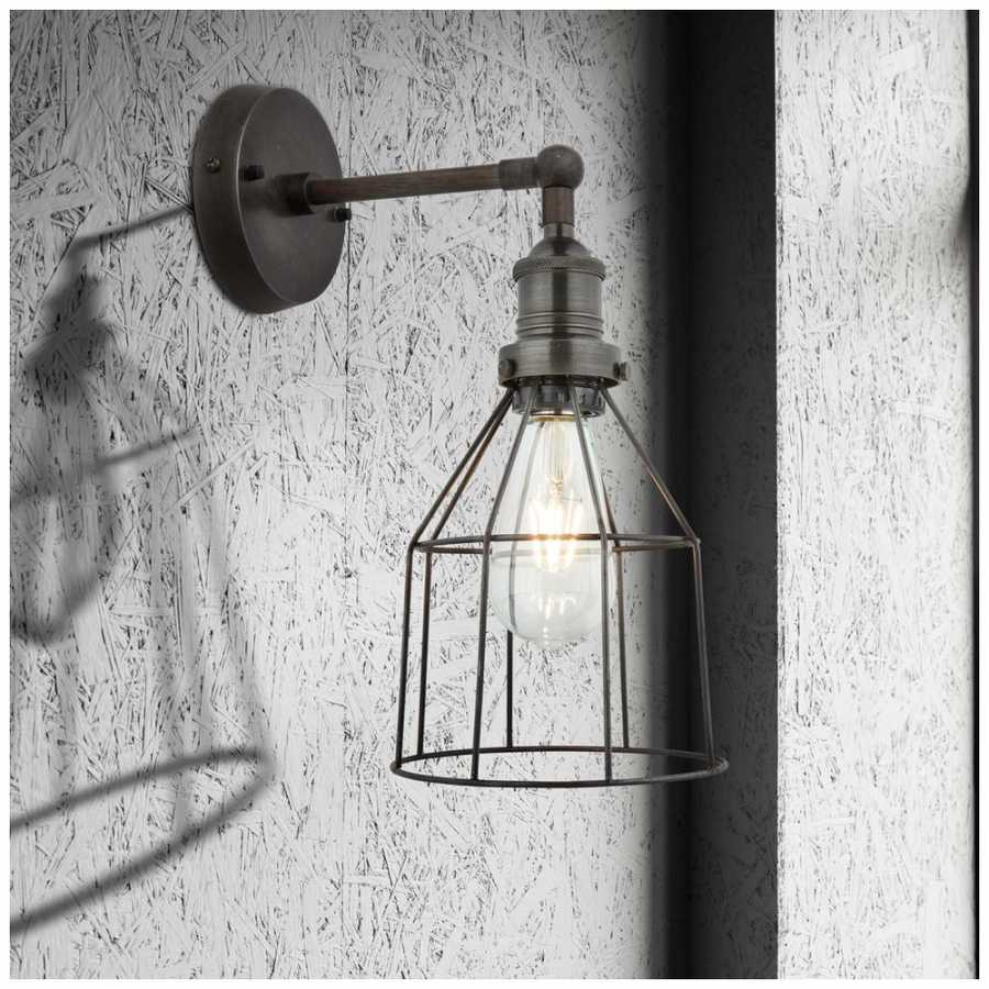 Industville Brooklyn Wire Cage Wall Light - 6 Inch - Pewter Shade - Cone - Pewter Holder