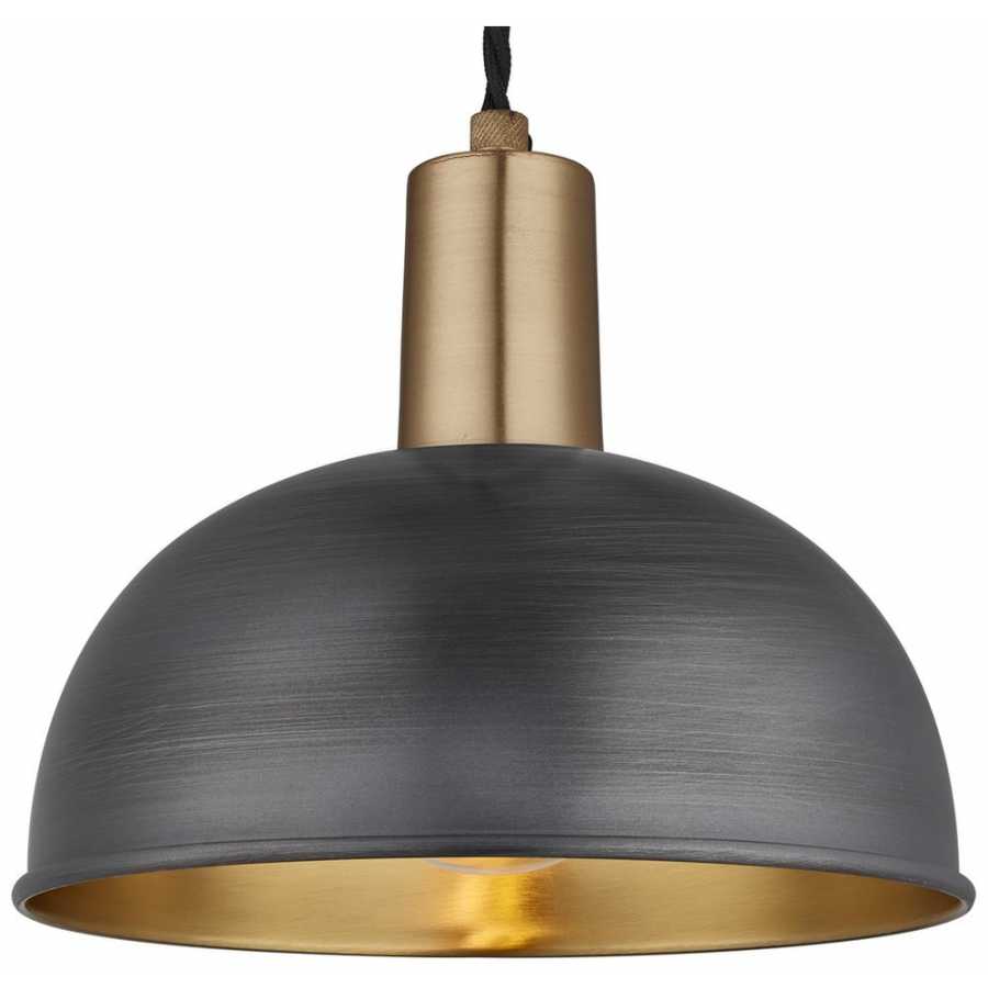 Industville Sleek Dome Pendant Light - 8 Inch - Pewter & Brass - Brass Holder