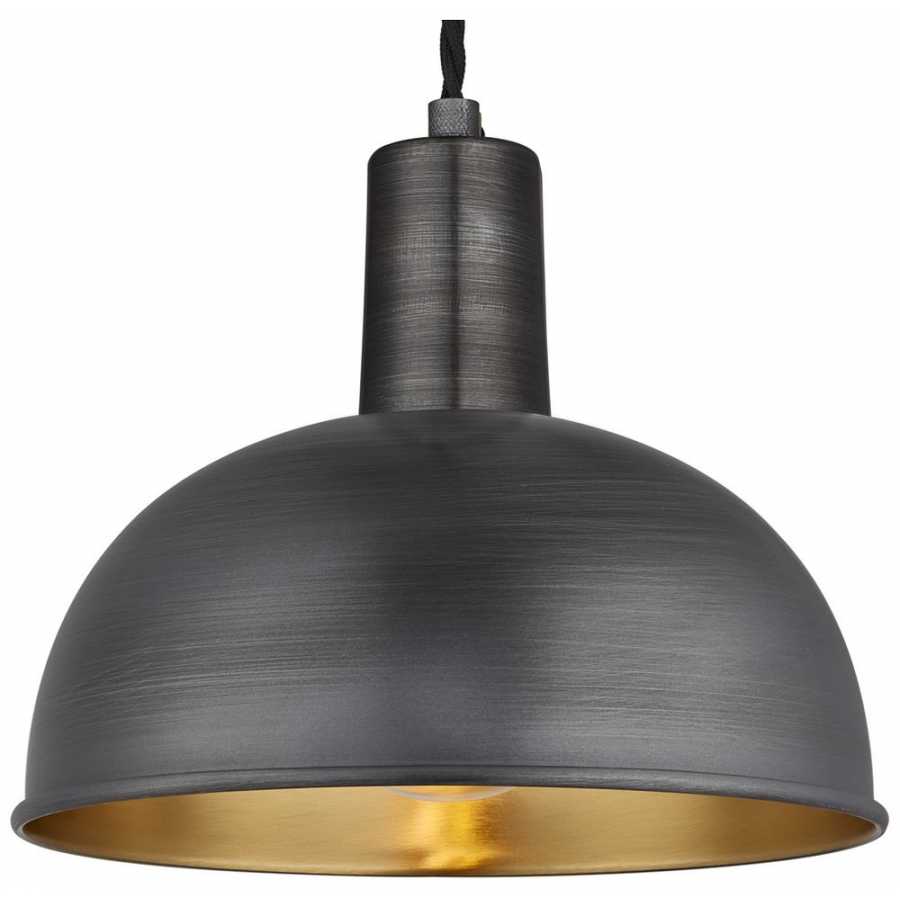 Industville Sleek Dome Pendant Light - 8 Inch - Pewter & Brass - Pewter Holder