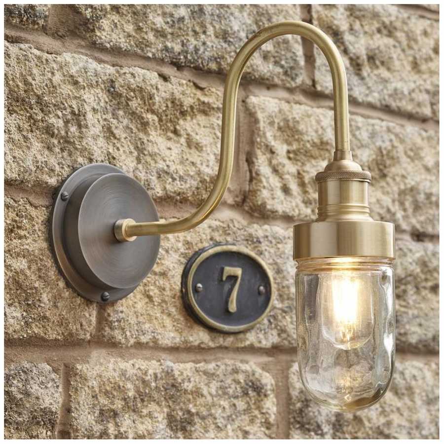Industville Swan Neck Outdoor & Bathroom Wall Light - Brass