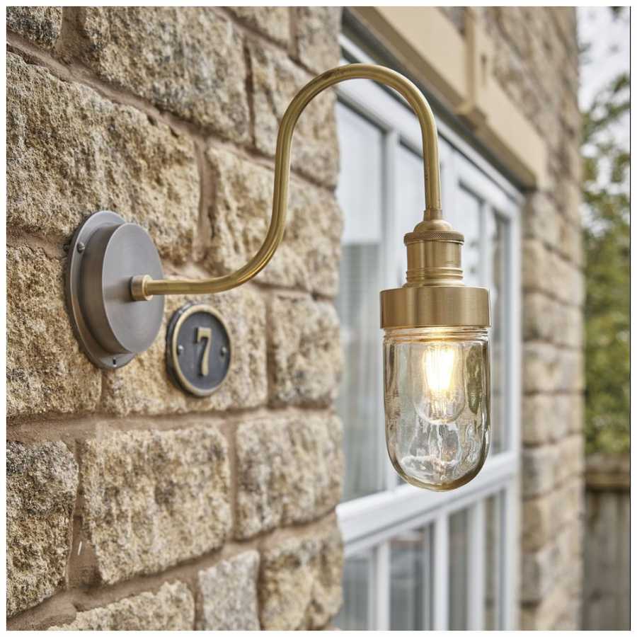 Industville Swan Neck Outdoor & Bathroom Wall Light - Brass