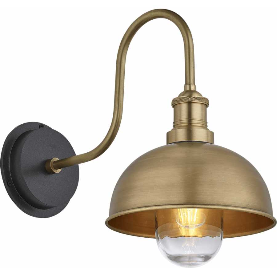 Industville Swan Neck Outdoor & Bathroom Dome Wall Light - 8 Inch - Brass - Brass Holder
