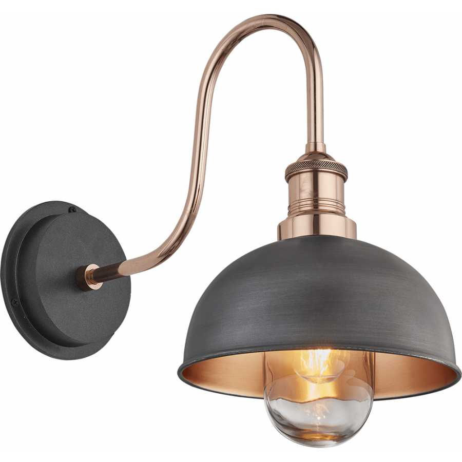 Industville Swan Neck Outdoor & Bathroom Dome Wall Light - 8 Inch - Pewter & Copper - Copper Holder