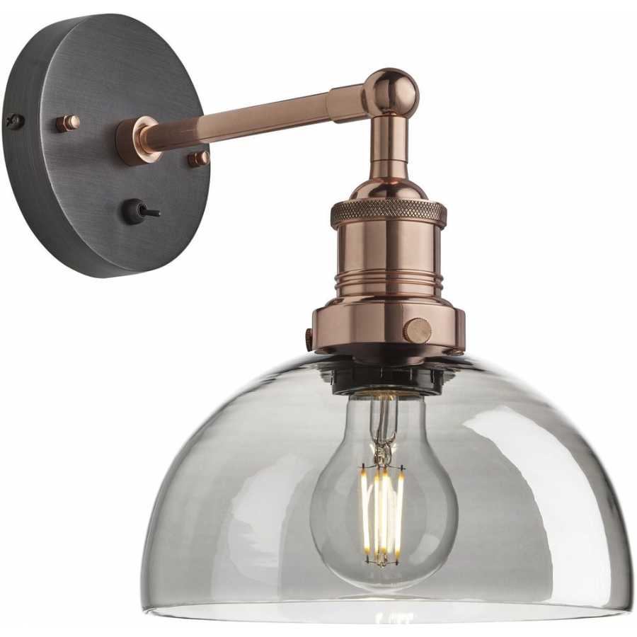 Industville Brooklyn Tinted Glass Dome Wall Light - 8 Inch - Smoke Grey - Copper Holder