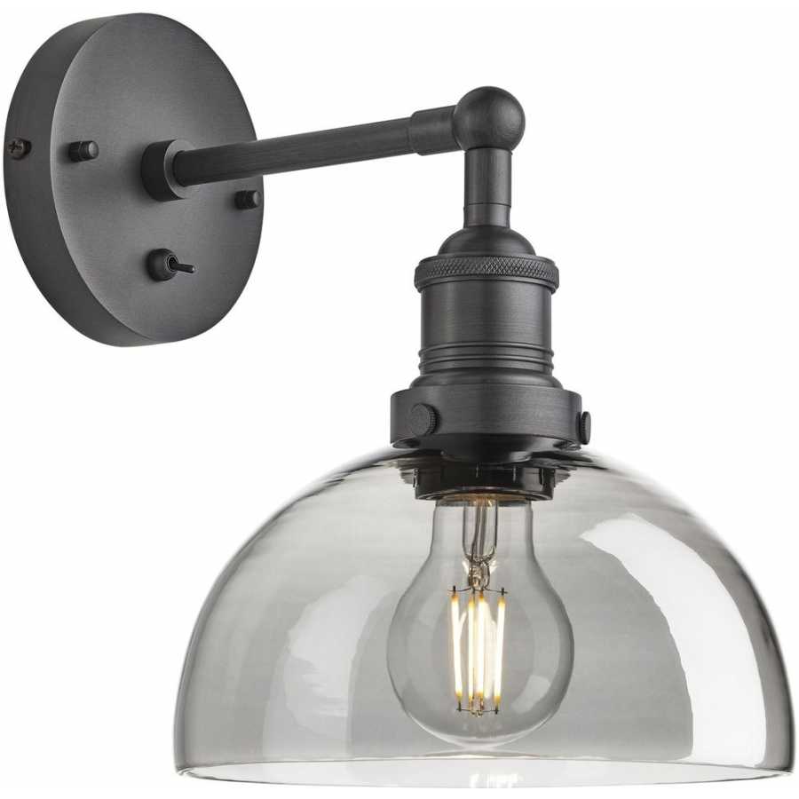 Industville Brooklyn Tinted Glass Dome Wall Light - 8 Inch - Smoke Grey - Pewter Holder