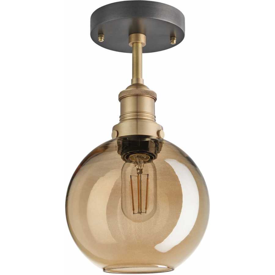 Industville Brooklyn Tinted Glass Globe Flush Mount - 7 Inch - Amber - Brass Holder
