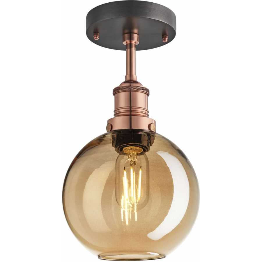 Industville Brooklyn Tinted Glass Globe Flush Mount - 7 Inch - Amber - Copper Holder