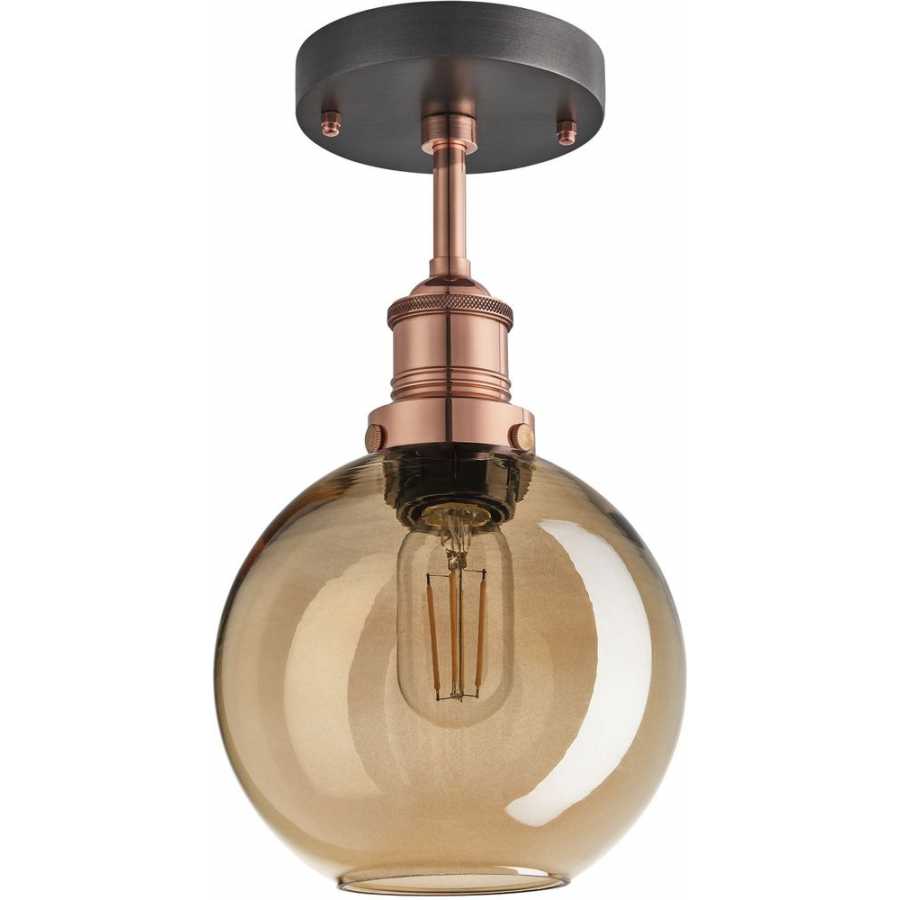 Industville Brooklyn Tinted Glass Globe Flush Mount - 7 Inch - Amber - Copper Holder