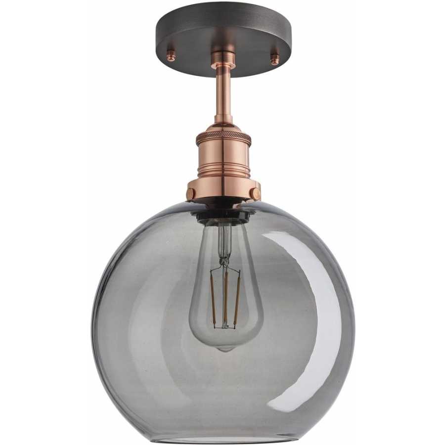 Industville Brooklyn Tinted Glass Globe Flush Mount - 9 Inch - Smoke Grey - Copper Holder