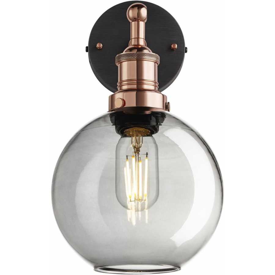 Industville Brooklyn Tinted Glass Globe Wall Light - 7 Inch - Smoke Grey - Copper Holder