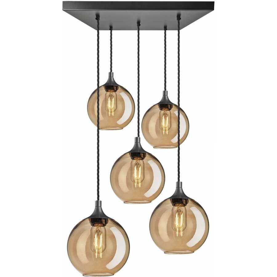 Industville Chelsea Tinted Glass Globe Square Mount Cluster Pendant Light - 5 Wire Square - 7 Inch - Amber - Pewter Holder