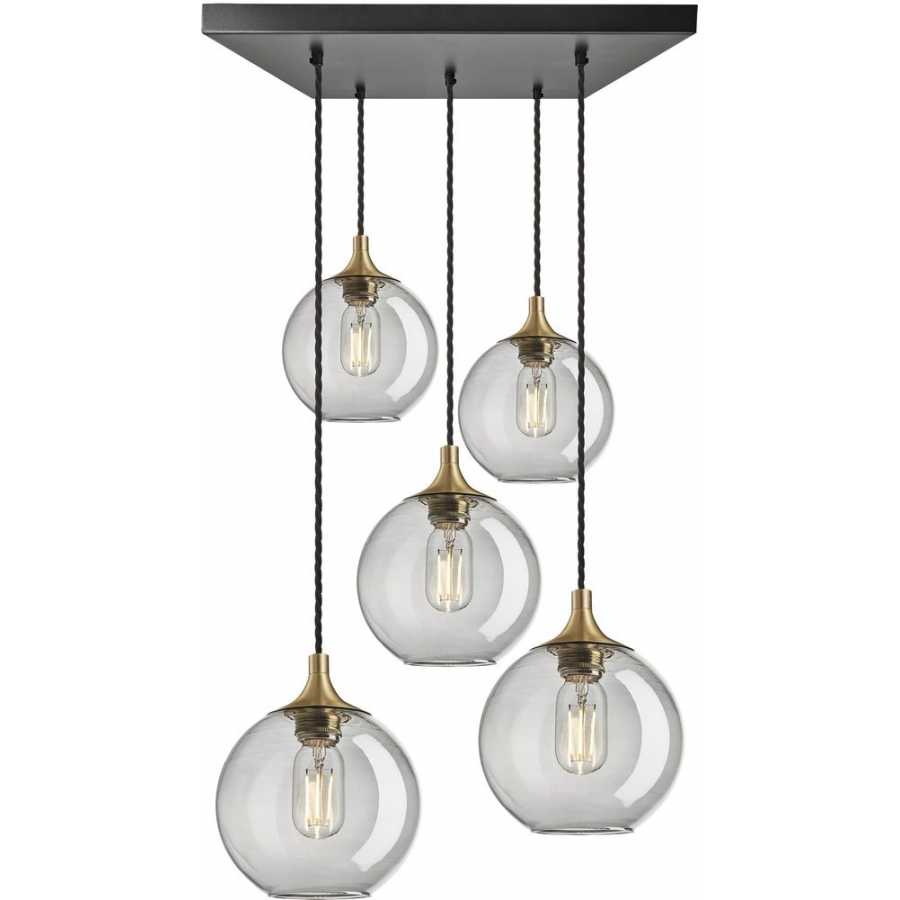 Industville Chelsea Tinted Glass Globe Square Mount Cluster Pendant Light - 5 Wire Square - 7 Inch - Smoke Grey - Brass Holder