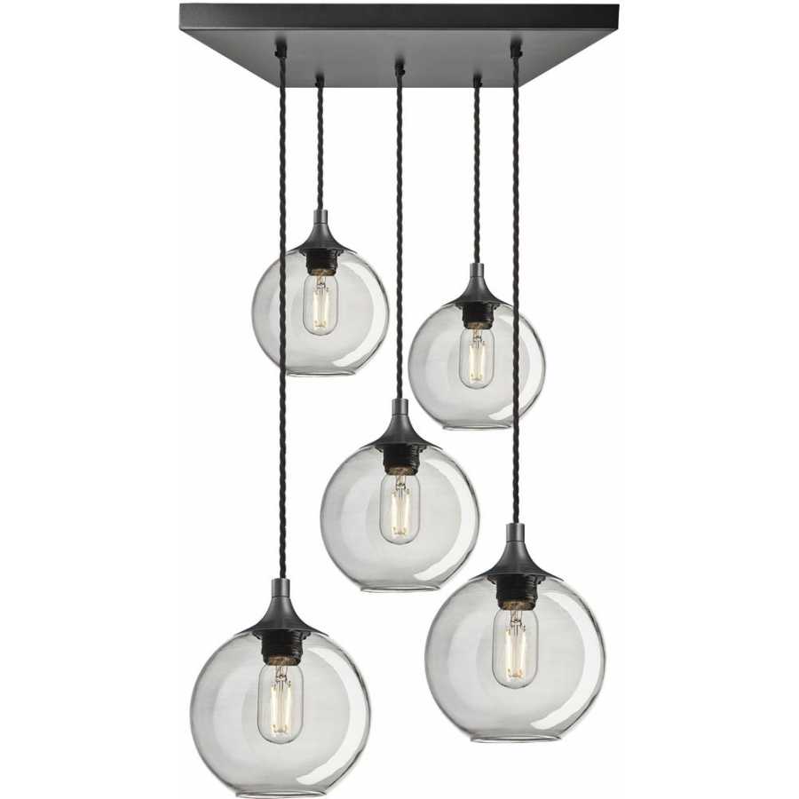 Industville Chelsea Tinted Glass Globe Square Mount Cluster Pendant Light - 5 Wire Square - 7 Inch - Smoke Grey - Pewter Holder