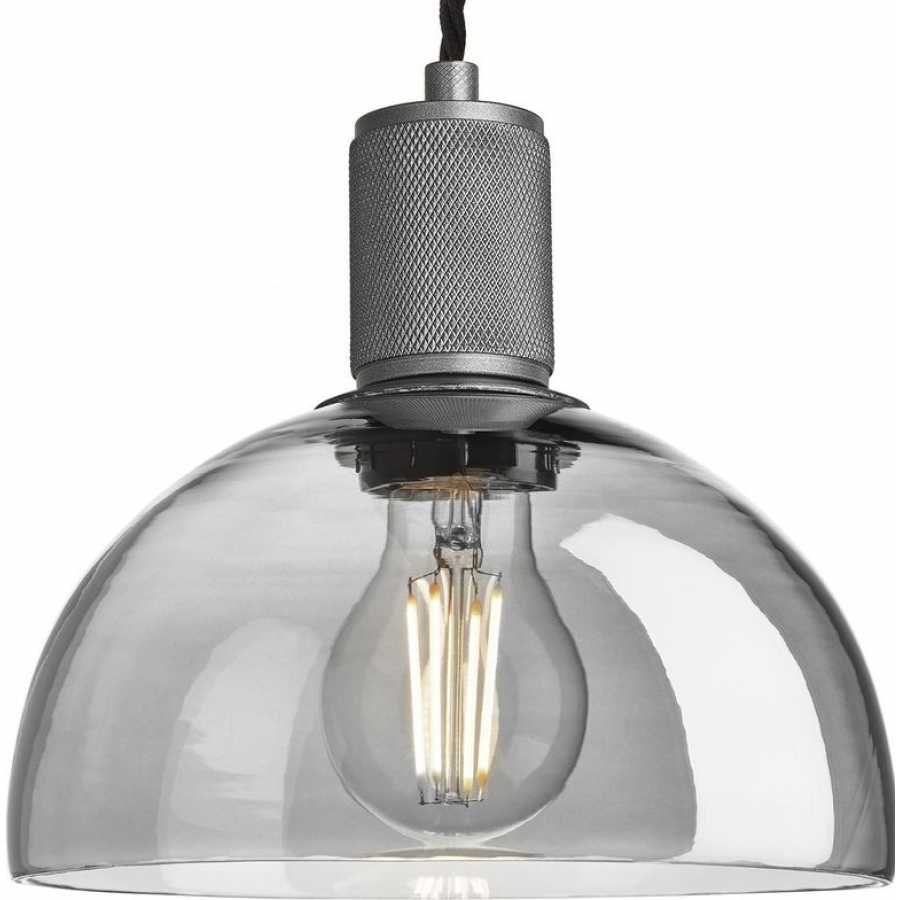 Industville Knurled Tinted Glass Dome Pendant Light - Smoke Grey - Pewter Holder