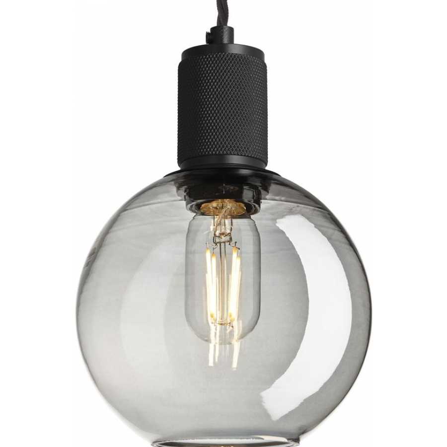 Industville Knurled Tinted Glass Globe Pendant Light - 7 Inch - Smoke Grey - Black Holder