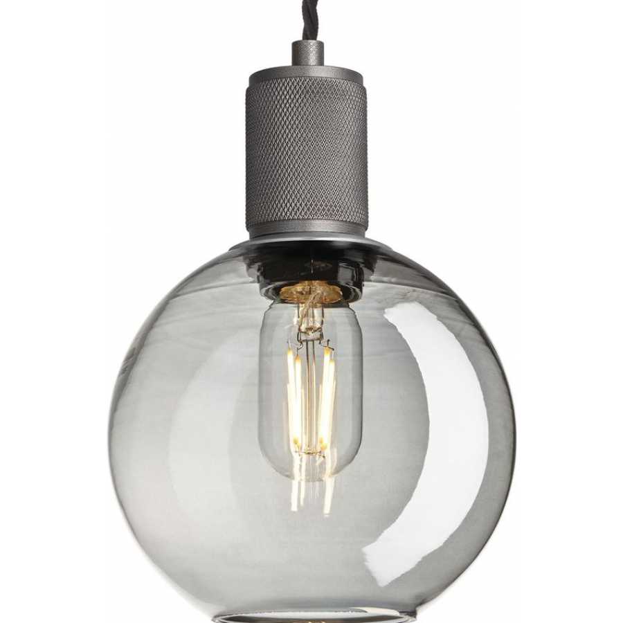 Industville Knurled Tinted Glass Globe Pendant Light - 7 Inch - Smoke Grey - Pewter Holder