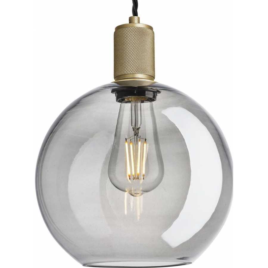 Industville Knurled Tinted Glass Globe Pendant Light - 9 Inch - Smoke Grey - Brass Holder