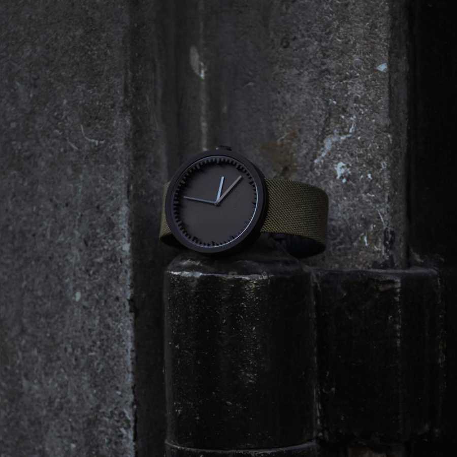 LEFF Amsterdam Tube Wrist Watch D38 - Matte Black With Green Cordura Strap 38mm