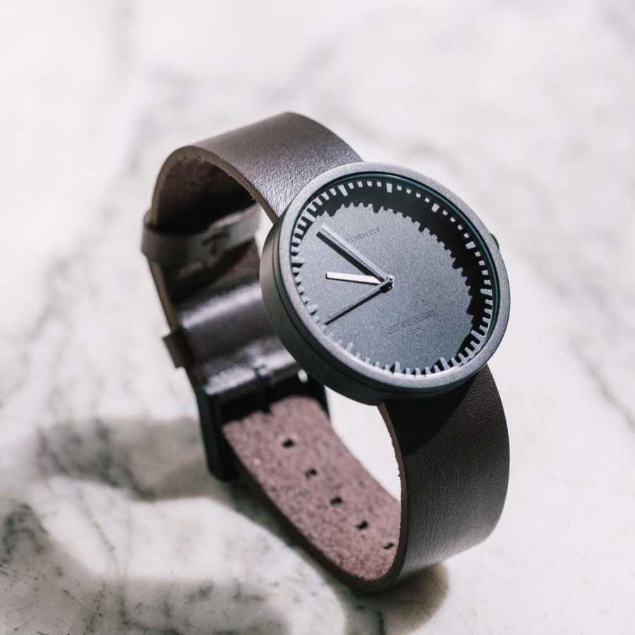 LEFF Amsterdam Tube Wrist Watch D42 - Matte Black With Brown Leather Strap 42mm