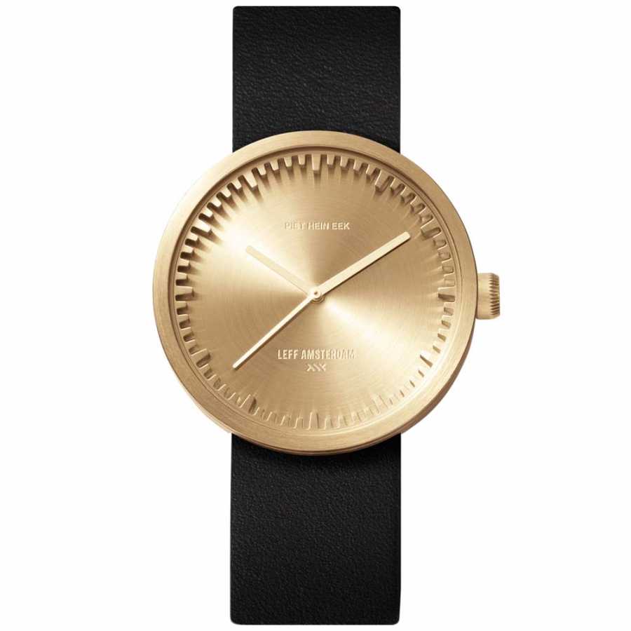 LEFF Amsterdam Tube Wrist Watch D42 - Brass With Black Leather Strap 42mm