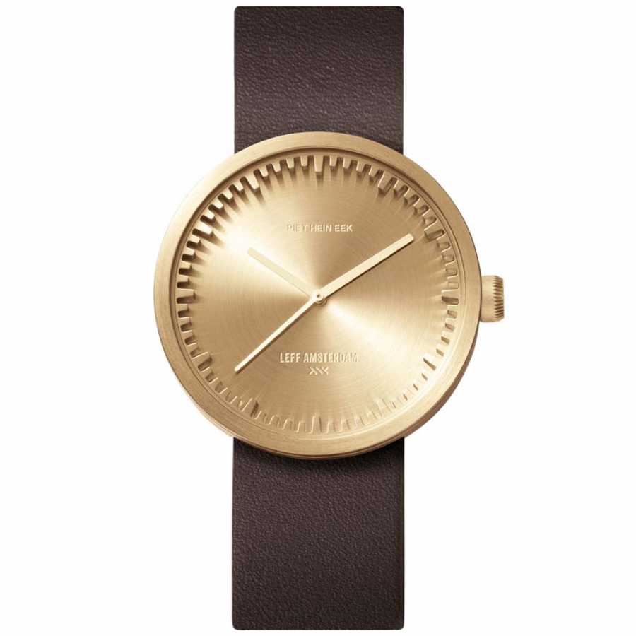 LEFF Amsterdam Tube Wrist Watch D38 - Brass With Brown Leather Strap 38mm