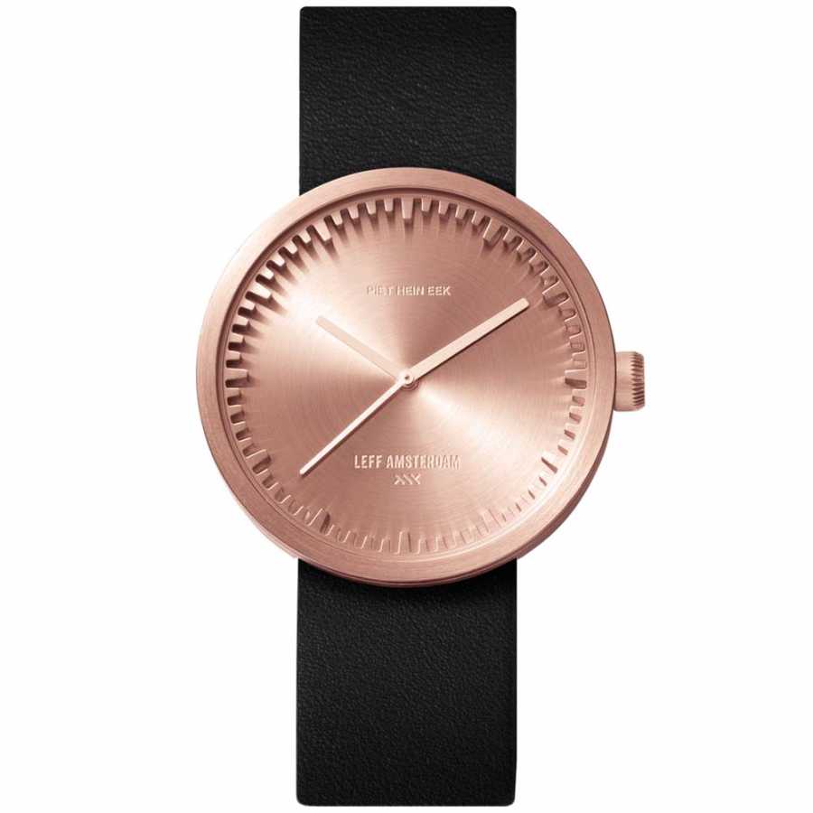 LEFF Amsterdam Tube Wrist Watch D38 - Rose Gold With Black Leather Strap 38mm