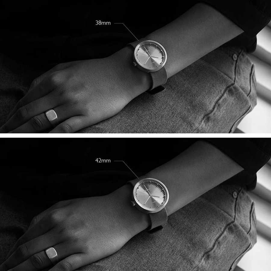 LEFF Amsterdam Tube Wrist Watch D38 - Matte Black With Sand Cordura Strap 38mm - Size Guide - Women