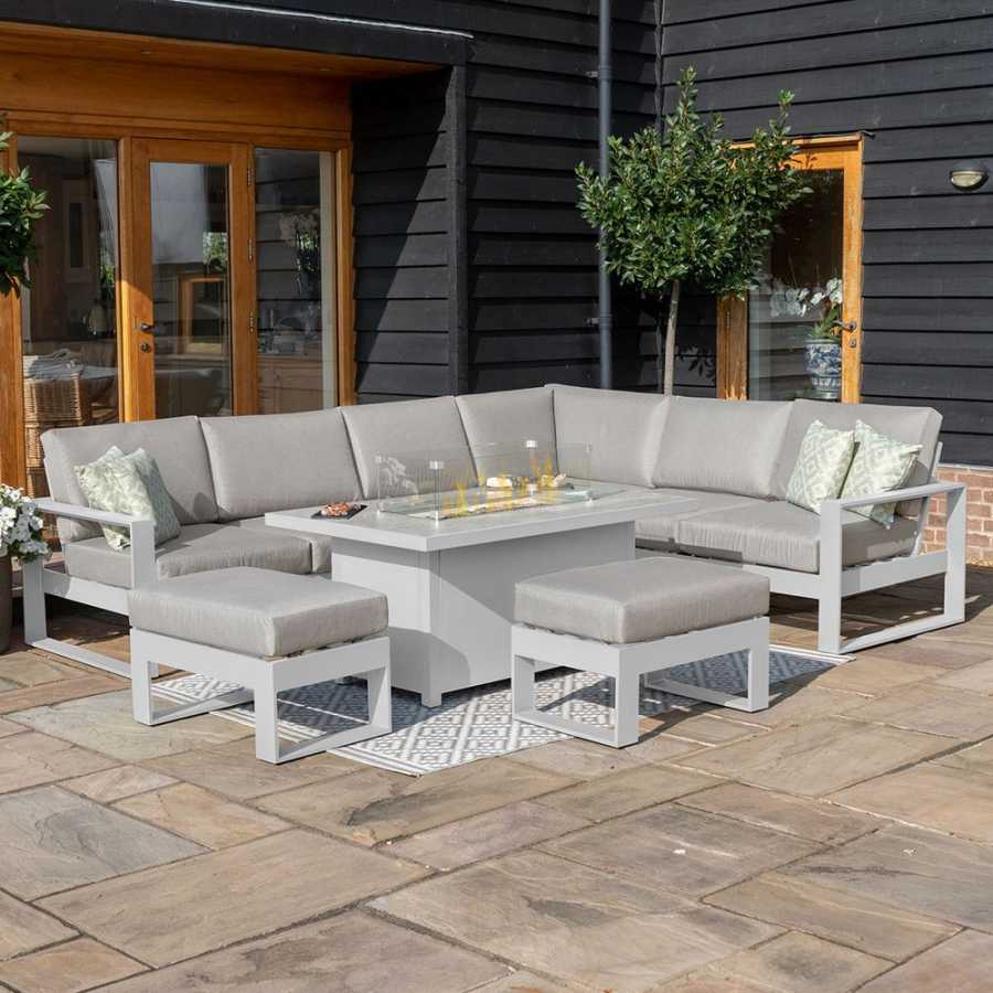 Maze Amalfi 8 Seater Outdoor Corner Sofa Set With Fire Pit Table - White