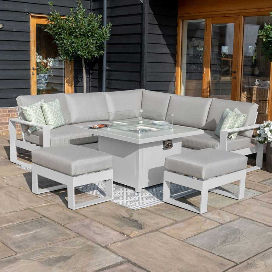 Maze Amalfi 7 Seater Outdoor Corner Sofa Set With Fire Pit Table - White