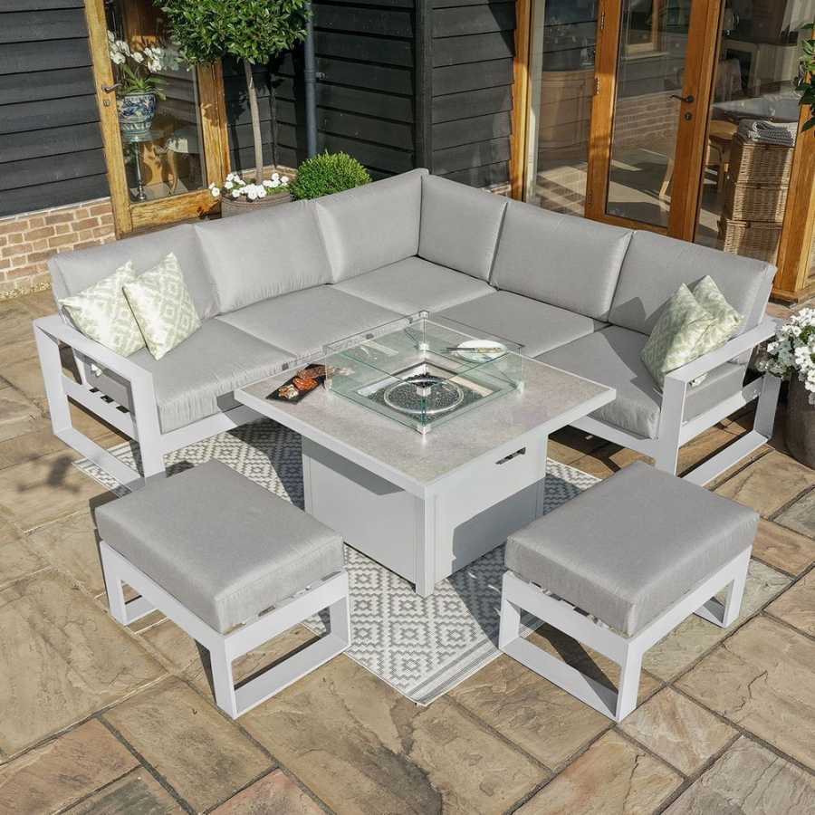 Maze Amalfi 7 Seater Outdoor Corner Sofa Set With Fire Pit Table - White