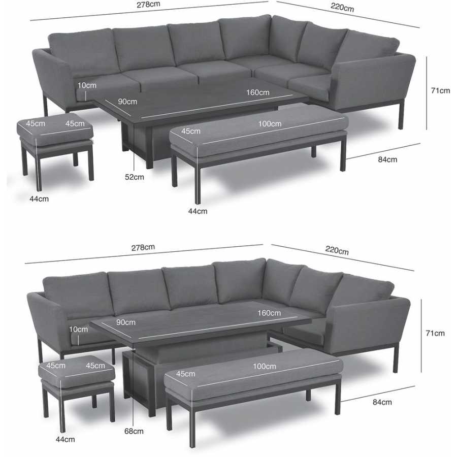 Maze Pulse Left 10 Seater Outdoor Corner Sofa Set With Rising Table - Charcoal