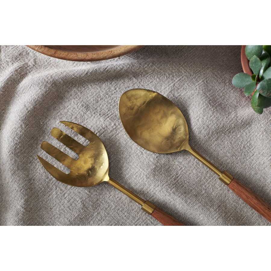 Nkuku Soni Salad Servers - Set of 2 - Gold & Acacia