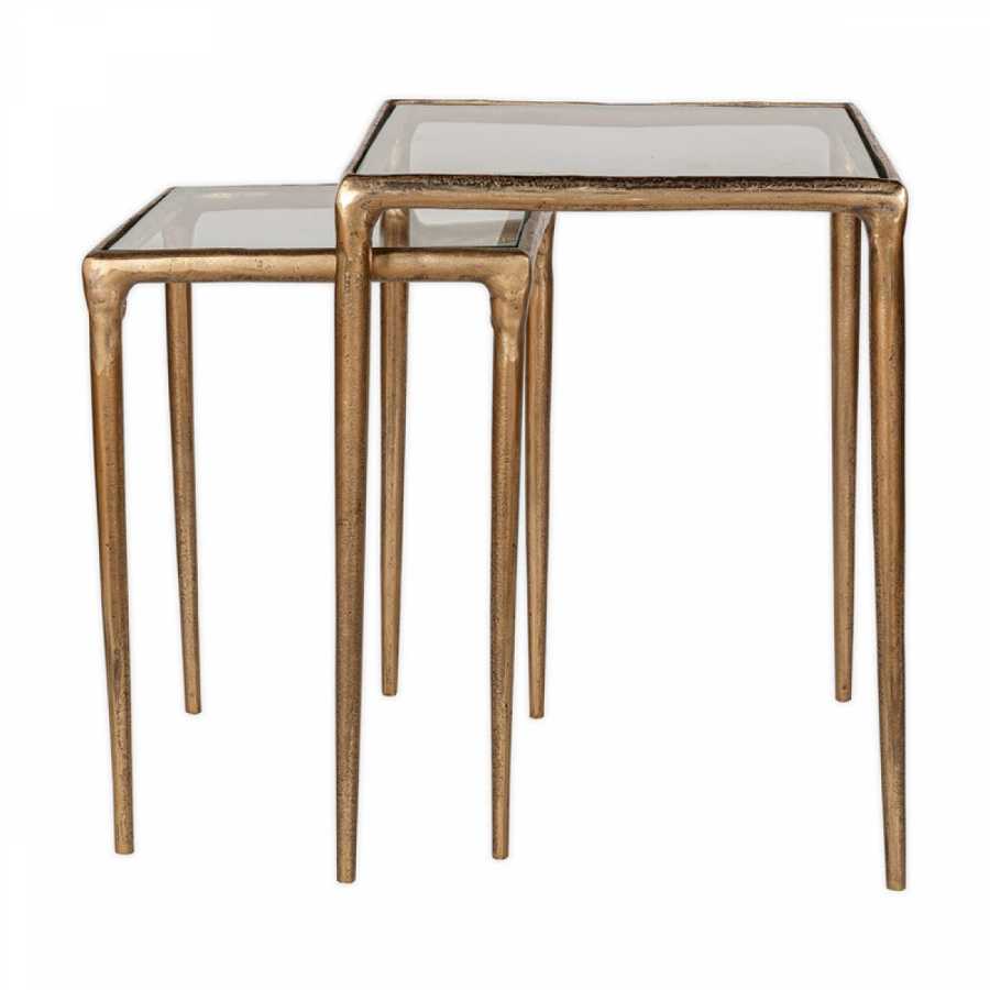 Nkuku Gilasi Cast Metal & Glass Nesting Side Tables - Antique Brass (Set of 2)