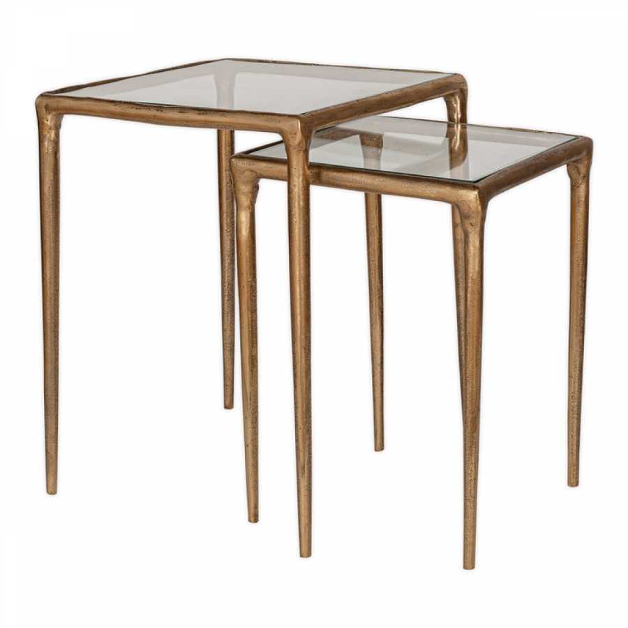Nkuku Gilasi Cast Metal & Glass Nesting Side Tables - Antique Brass (Set of 2)