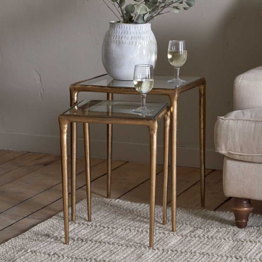 Nkuku Gilasi Cast Metal & Glass Nesting Side Tables - Antique Brass (Set of 2)